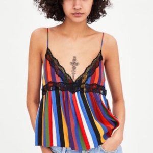 ZARA RAINBOW STRIPE CAMISOLE WITH BLACK LACE TRIM